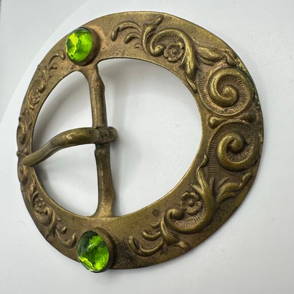 Antique Art Nouveau embossed gold tone brass green rose cut glass belt buckle main image 6
